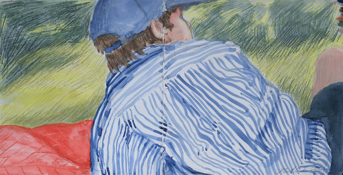 Watercolor illustration of a person sitting in San Francisco's Panhandle park
